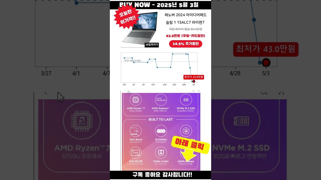 쿠팡 오늘만 이가격!! 레노버 2024 아이디어패드 슬림 1 15ALC7 라이젠7 특가